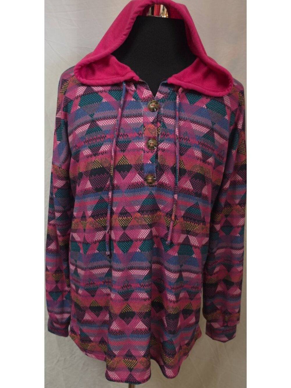 Heimish USA Womens (L) Pink Argyle Diamonds Long Sleeve Lightweight Hoodie